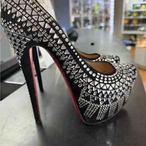 Christian Louboutin Black Suede Decora Strass Platform Pumps Size 38.5